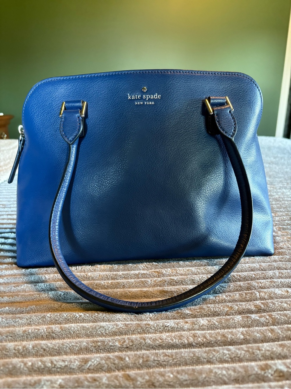 Kate Spade Navy Pebbled Leather Satchel with Gold Hardware